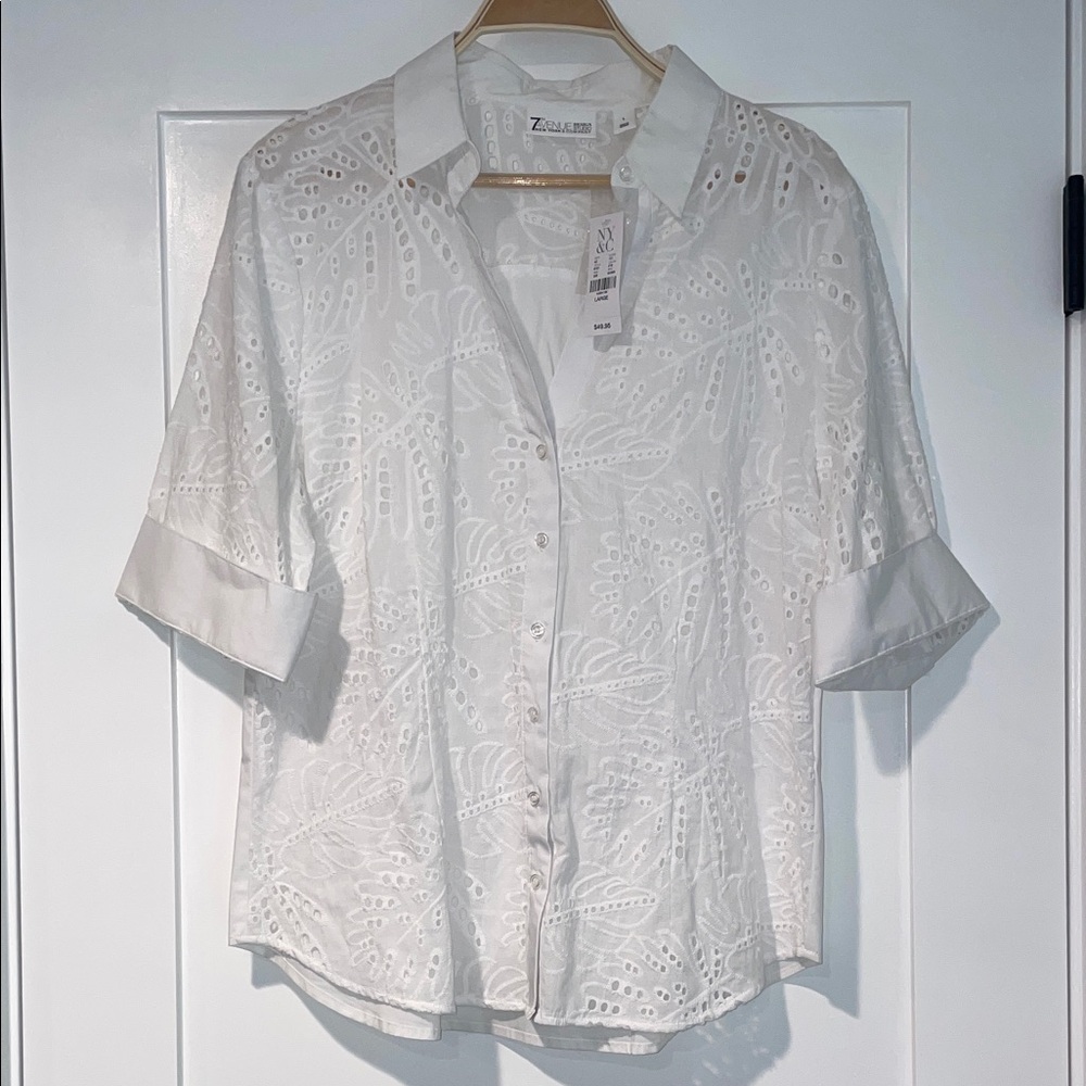 New York & Company White Eyelet Button-Down Shirt